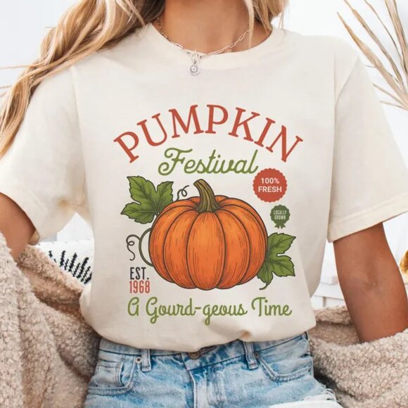 Tops - Fall Pumpkin Tee, Autumn Pumpkin Shirt, Cozy Fall Graphic Shirt